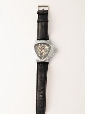 Triangular Silver Case Skeleton Dial Watch with Black Leather Strap